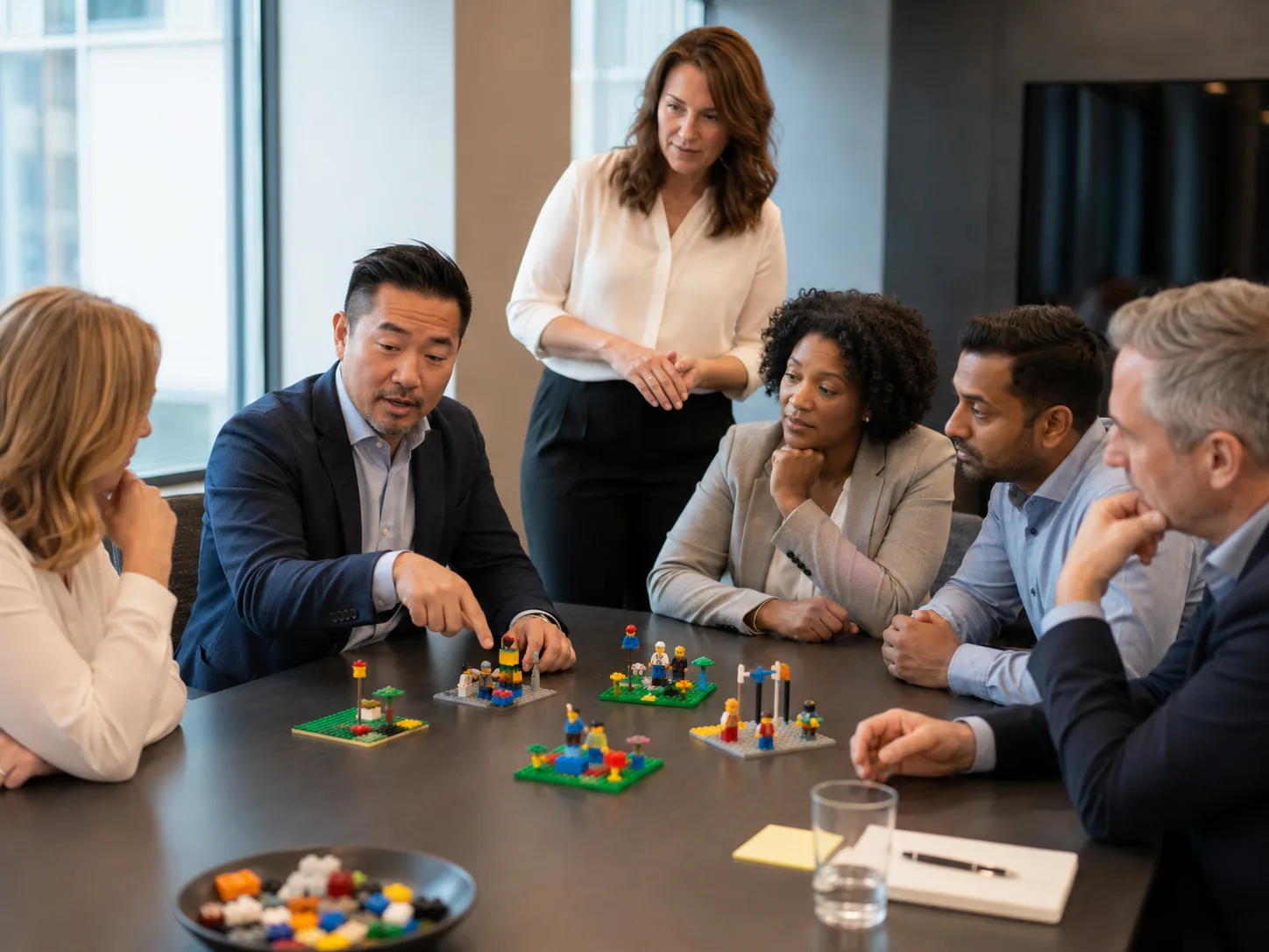 Facilitator guiding LEGO SERIOUS PLAY Method participation in a corporate session