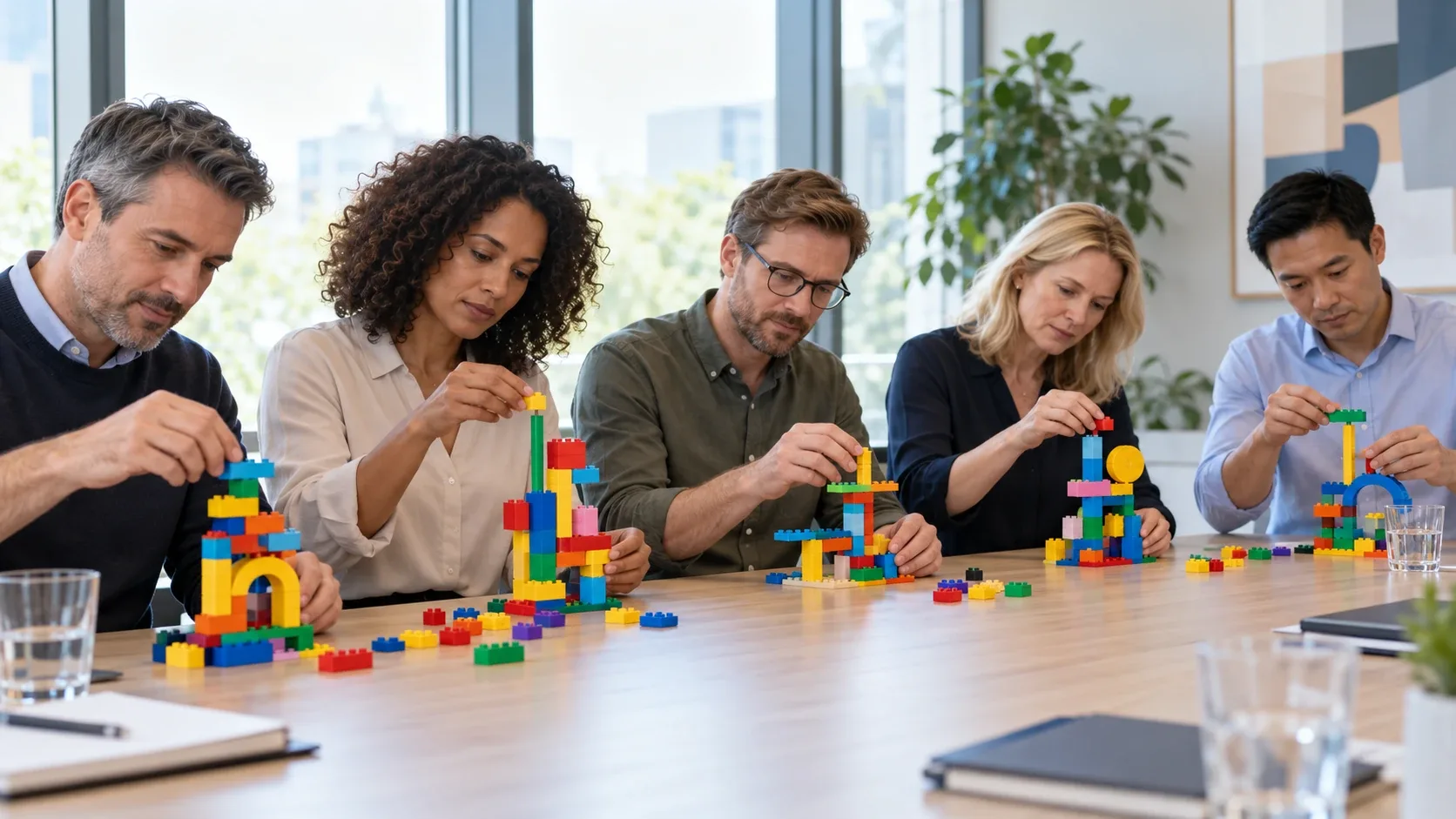 Five colleagues at a meeting table each building their own abstract brick model