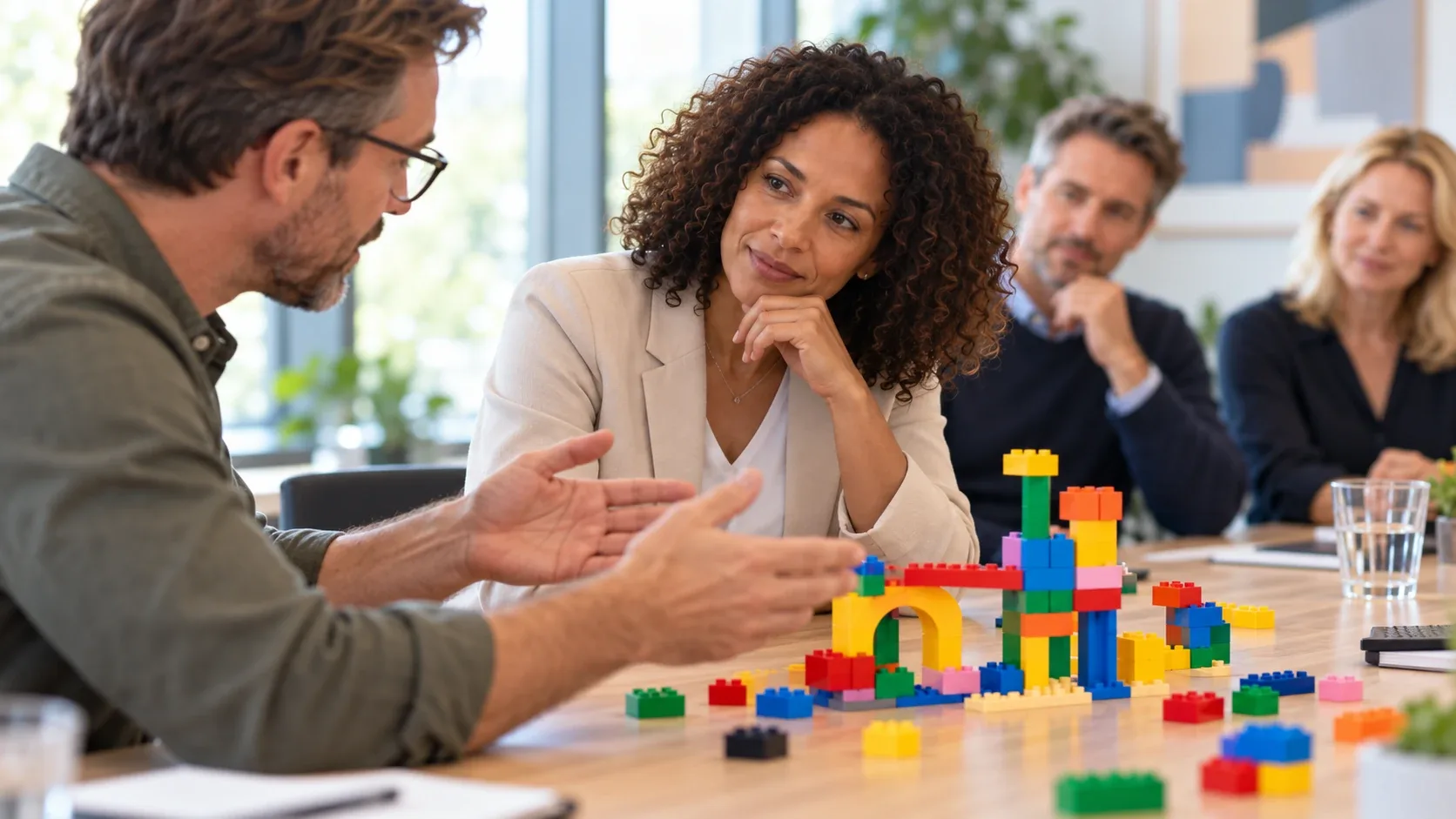 A facilitator listening as a seated leader explains a brick model on the table