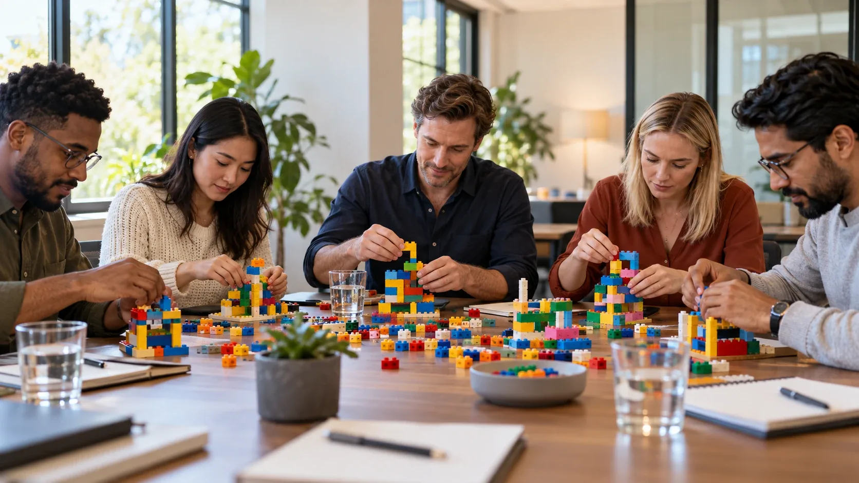 Colleagues around a table each building an abstract brick model during a workshop