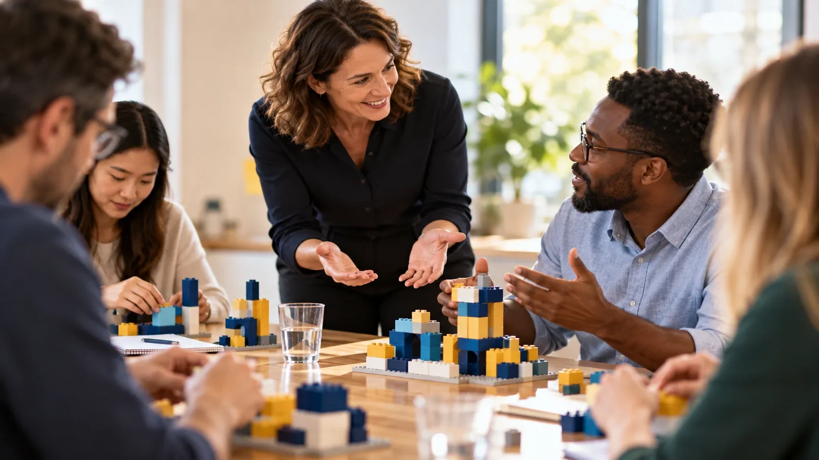 A facilitator listening as a participant explains a brick model on a workshop table