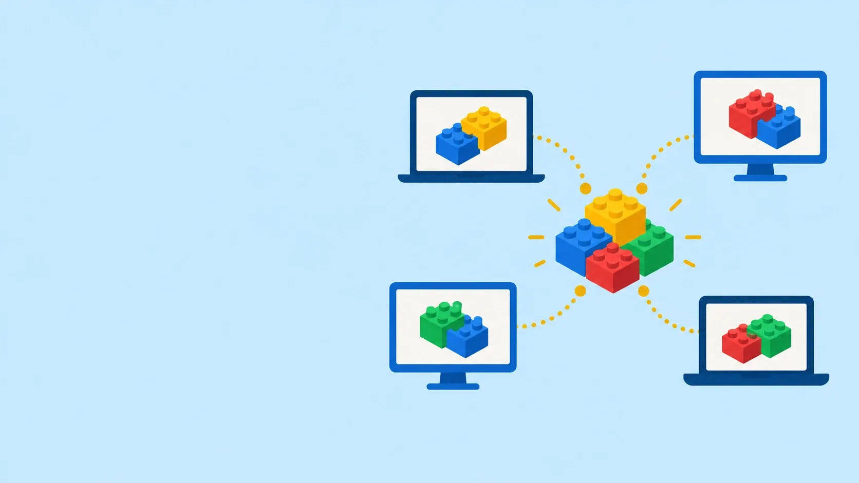 Flat illustration of several screens connected by gold lines around a shared block model