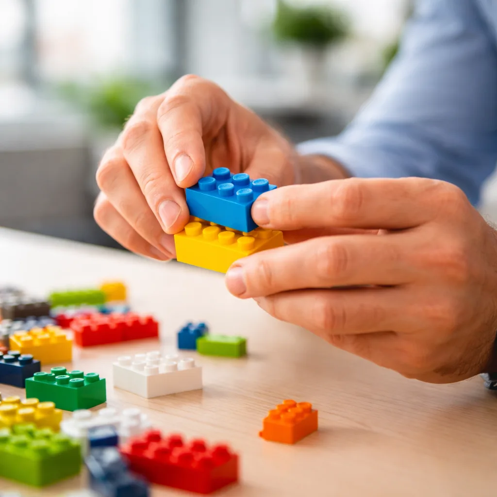 Close-up of hands building a LEGO Serious Play model during a facilitated session