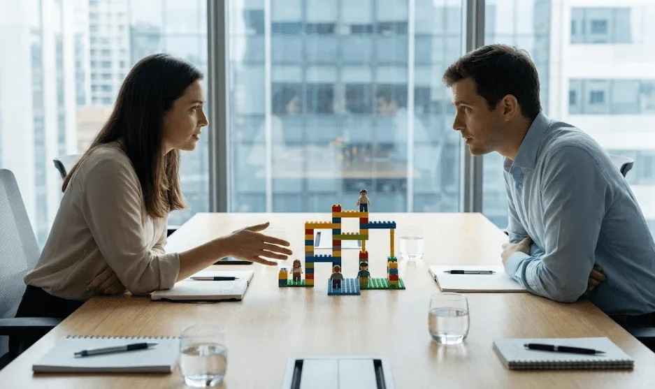 A close-up of a LEGO model representing 'ownership' with specific metaphorical elements.