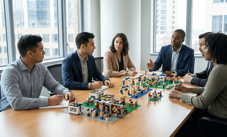 A manager using LEGO Serious Play to explain a complex concept.