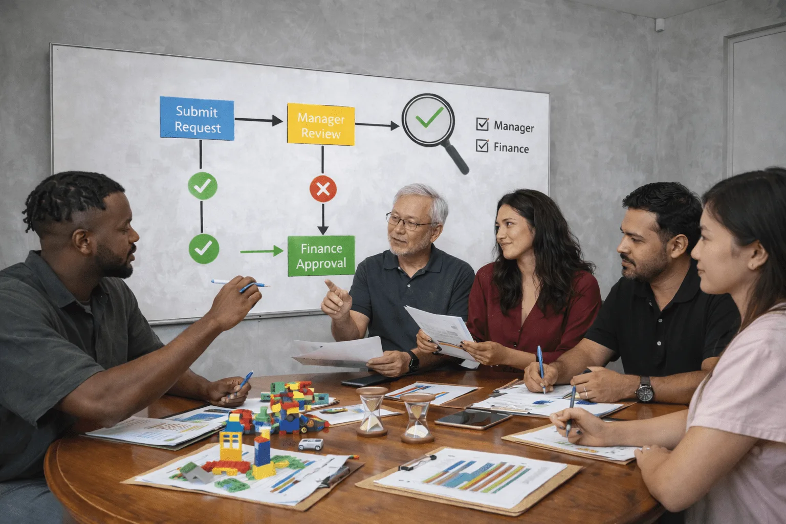 Leaders building a shared LEGO model to visualize their governance operating model.