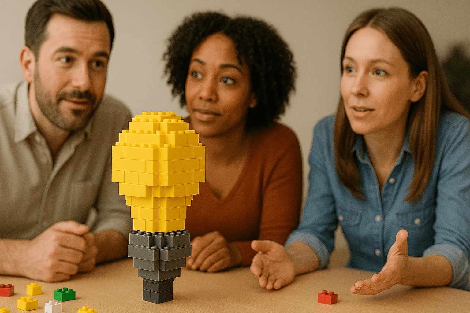 An abstract and complex LEGO model representing the intersection of human creativity and artificial intelligence.