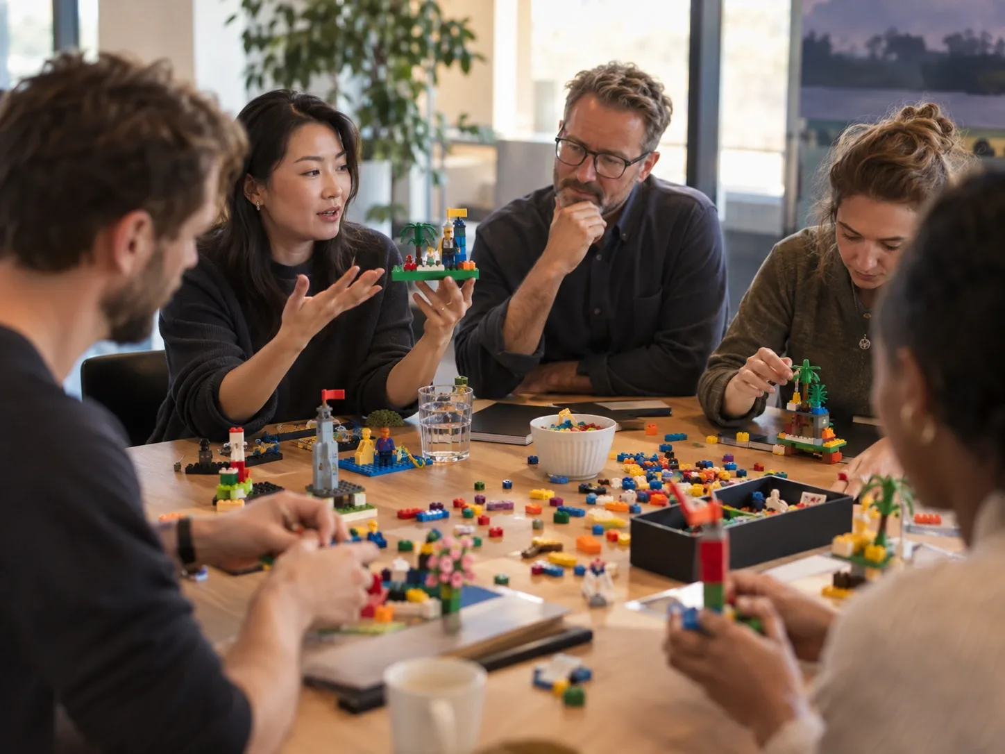 Participants at a facilitated workshop each presenting a small model they built to the rest of the group