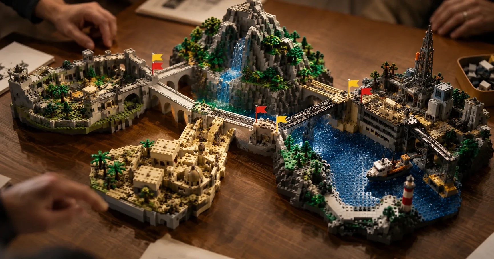 A single shared LEGO® SERIOUS PLAY® system model of a merged organization with connection points marking cultural tensions between the two companies