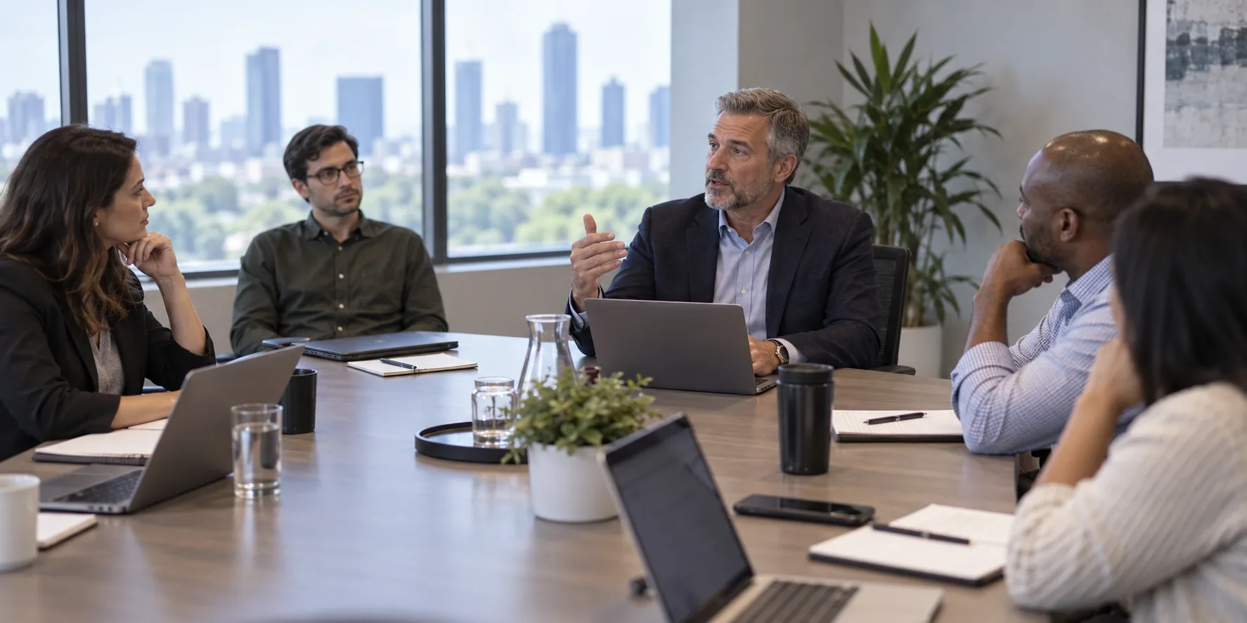 A leadership team around a conference table during a typical strategy discussion
