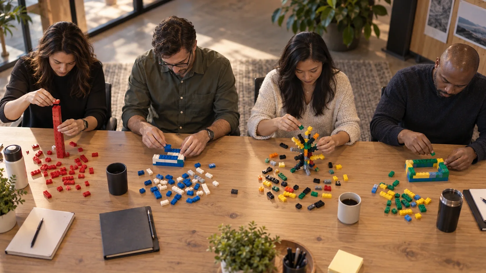 Individual participants each building their own small model before a group discussion