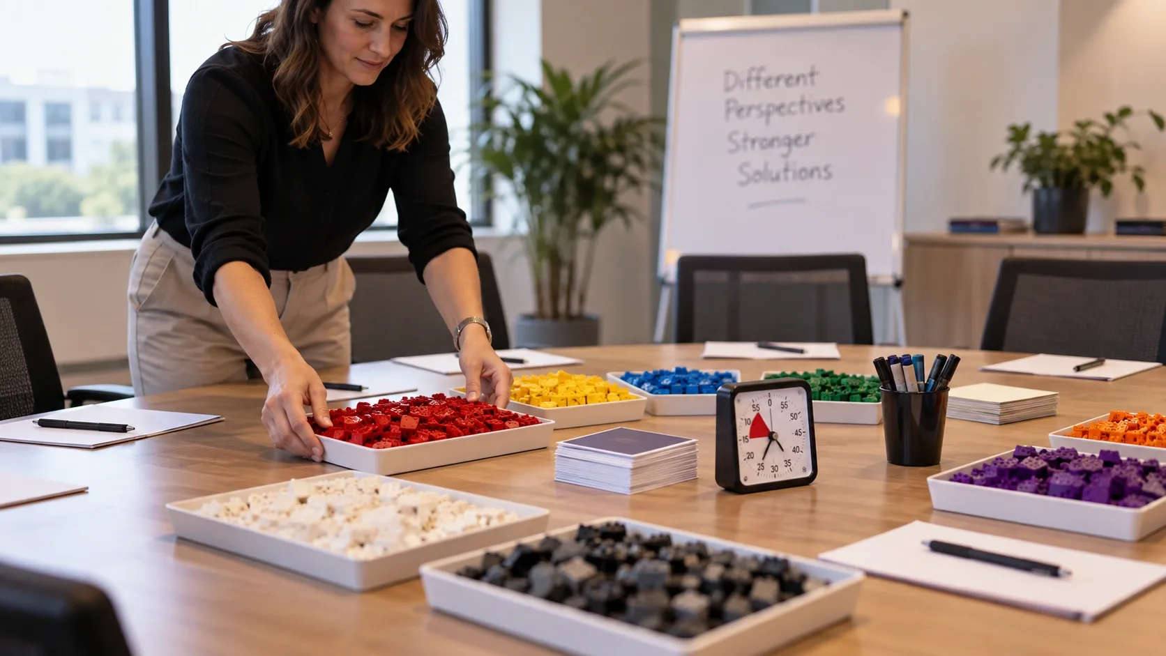 A facilitator laying out LEGO Serious Play materials before a planning workshop begins