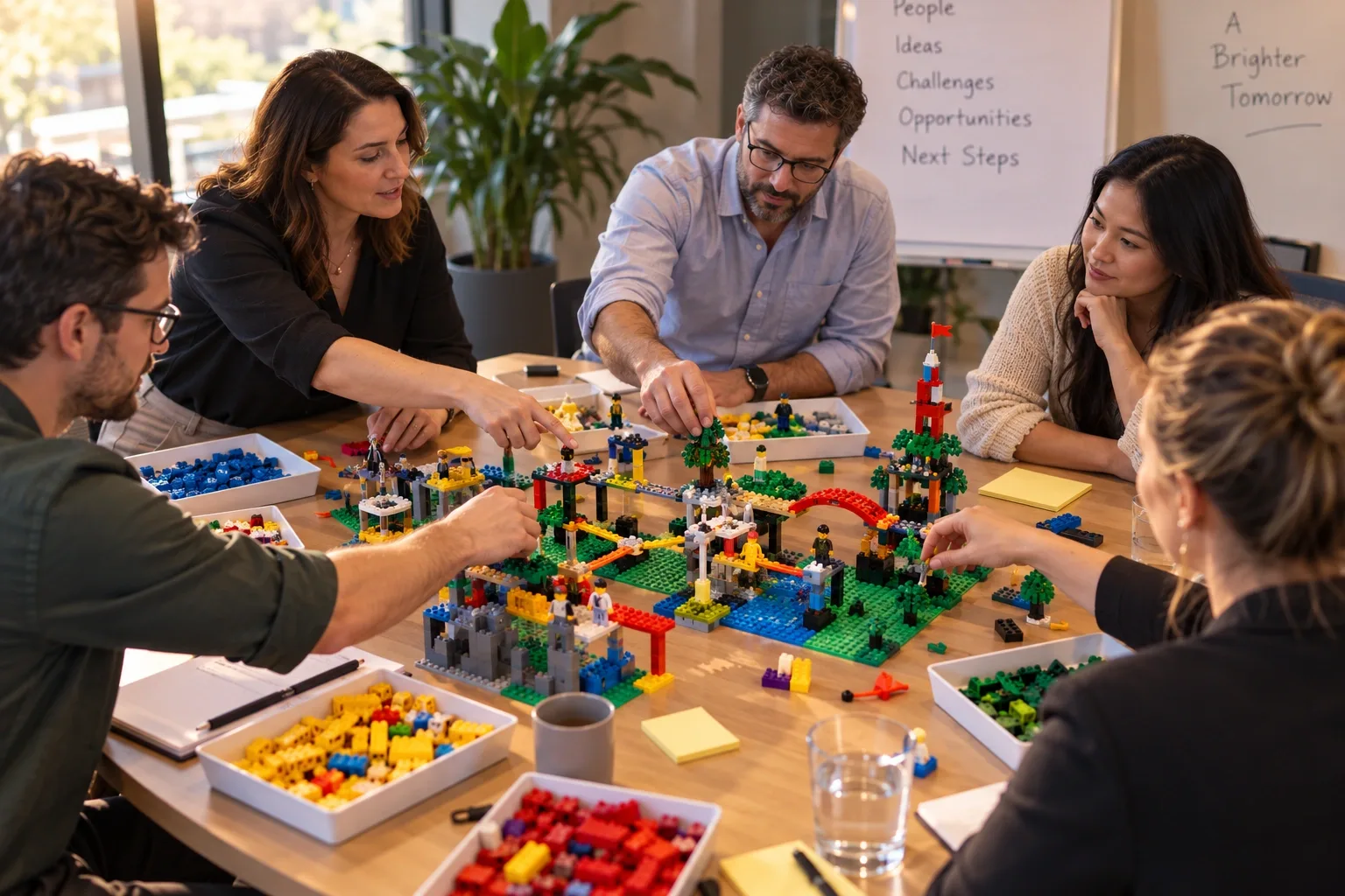 A group of participants negotiating over a shared LEGO model during a strategic planning workshop