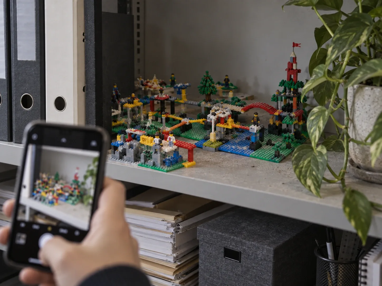 A shared LEGO model photographed and set aside after a planning workshop