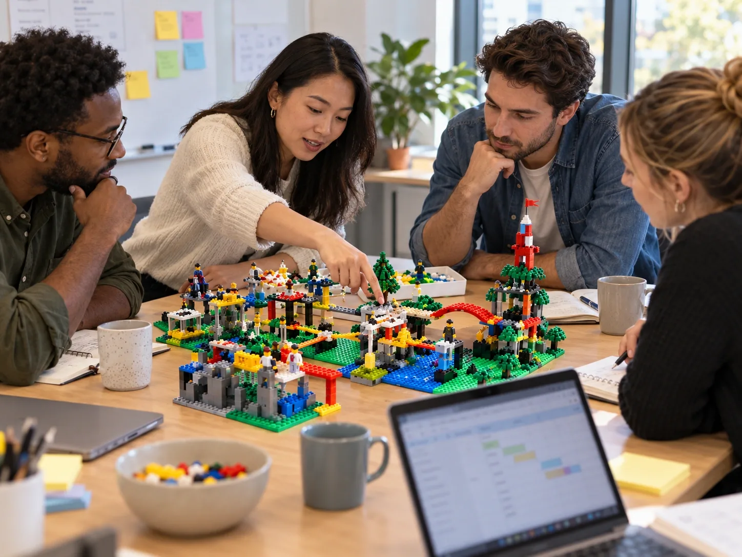 A team reviewing their shared LEGO model during a quarterly check-in meeting