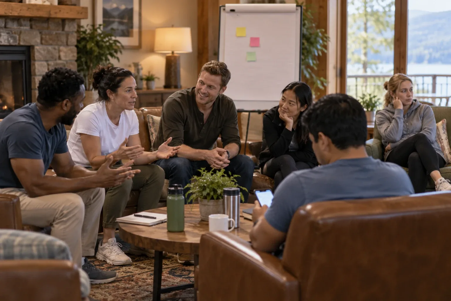 A team debriefing indoors after a team-building activity, with only a few sticky notes on a flip chart