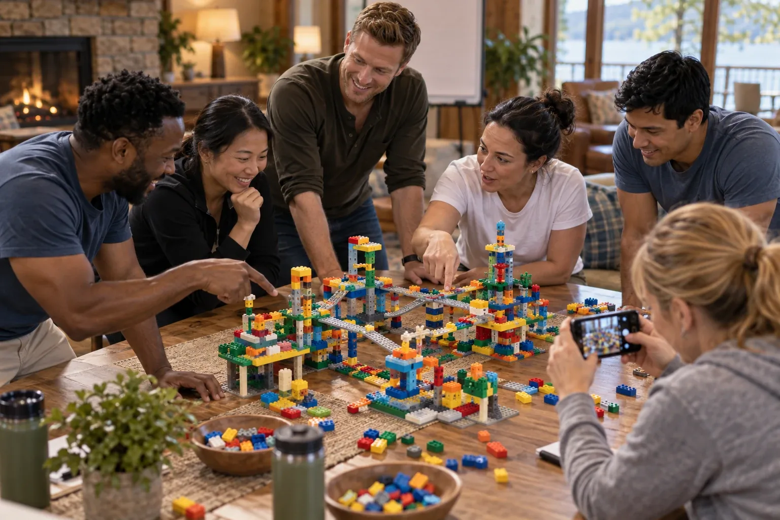 A team gathered around a completed shared LEGO Serious Play model representing their working agreements