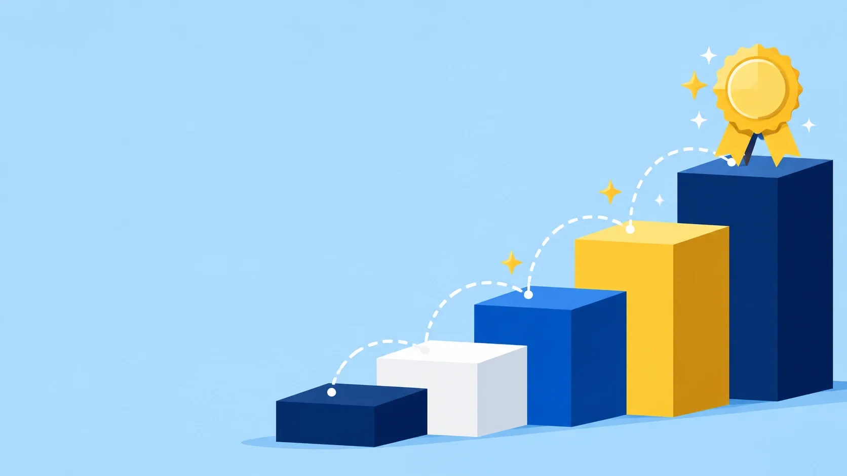 Flat illustration of colorful blocks forming a staircase up to a gold certification badge