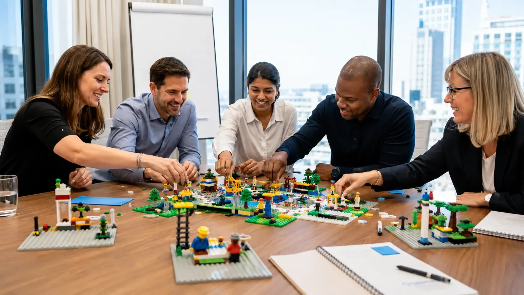 A business team collaborating around connected LEGO® Serious Play® models during a strategy workshop.