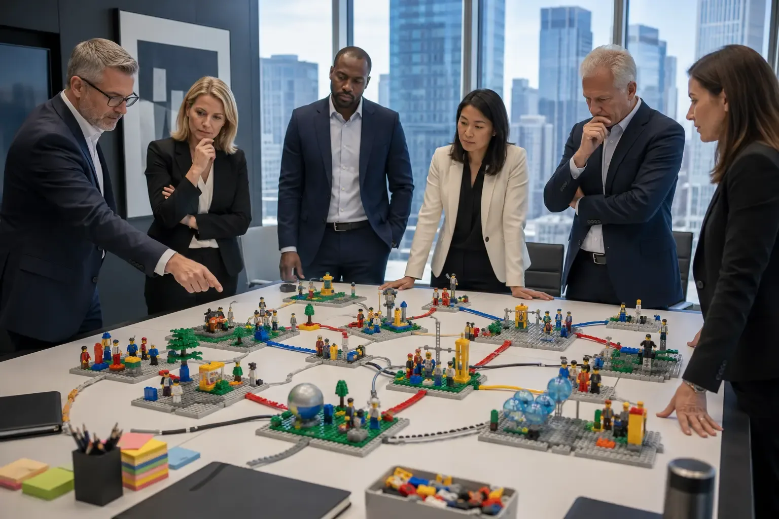 A leadership team aligning around a single shared model built collaboratively in a LEGO SERIOUS PLAY session