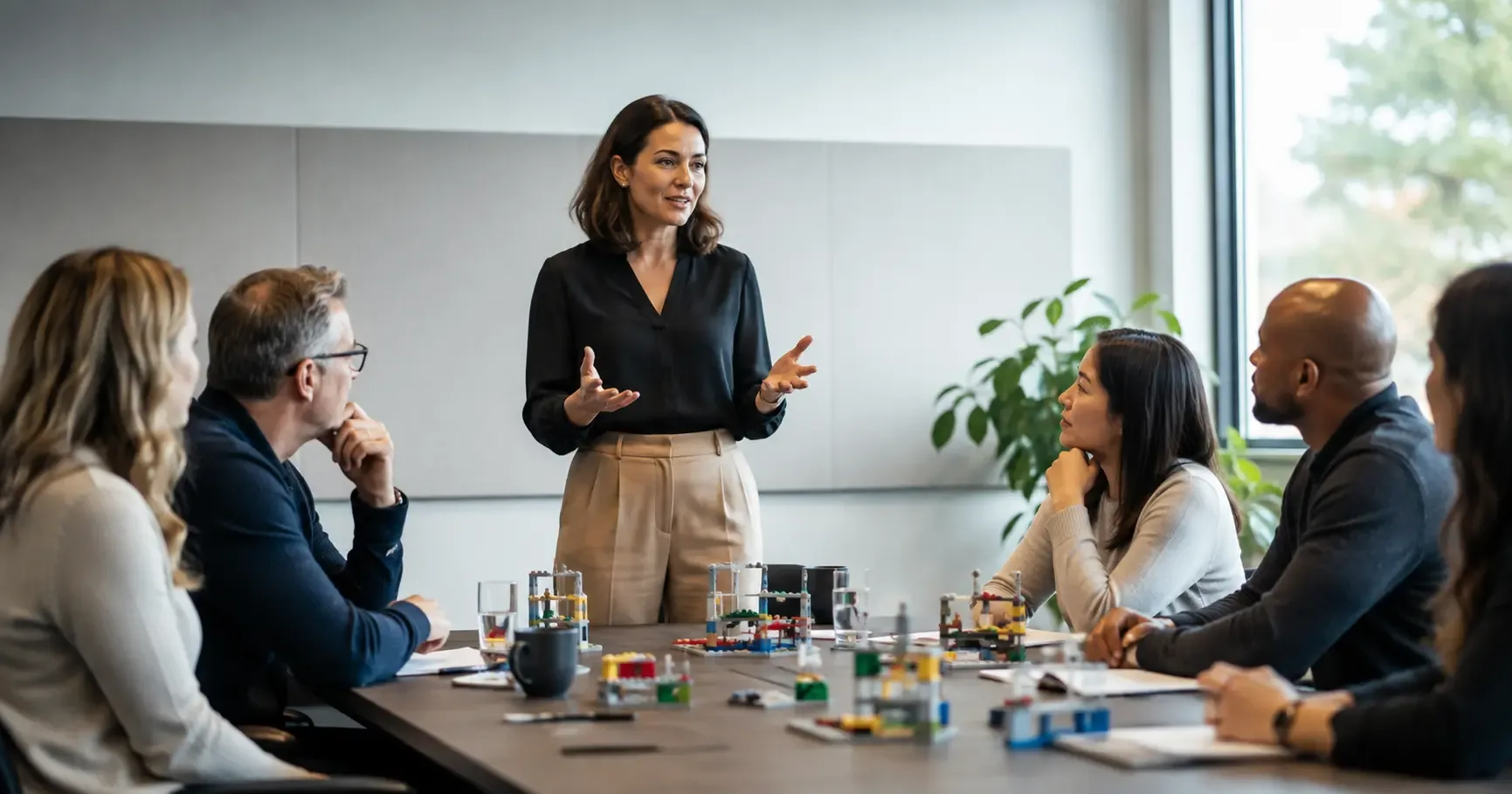 Certified LEGO® SERIOUS PLAY® facilitator guiding a leadership team through a workshop session.
